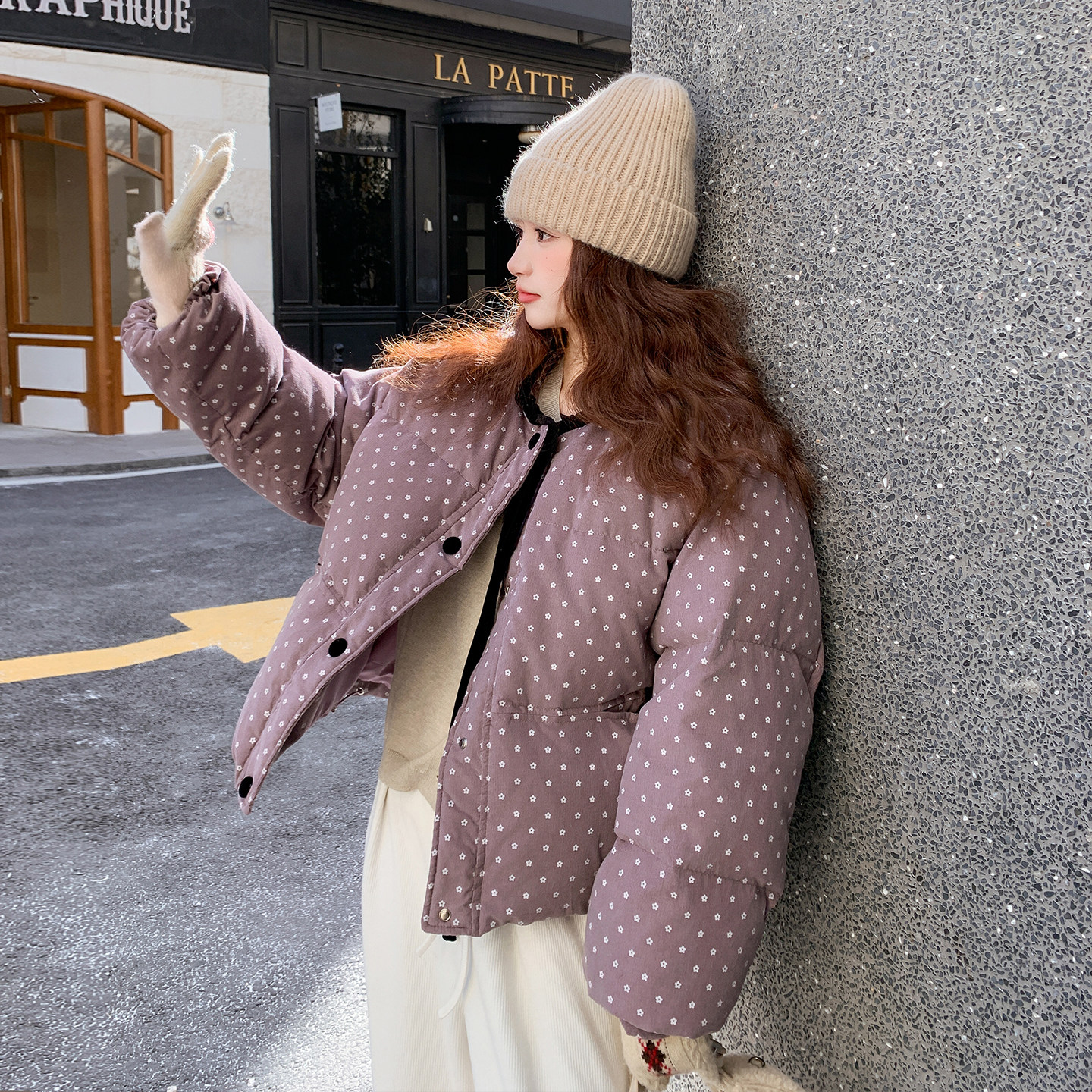 紫色短款甜美碎花羽绒服女冬季2025新款小个子白鸭绒独特漂亮外套