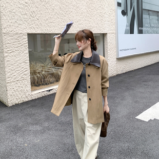 PU皮撞色翻领卡其色风衣外套女春季2026新款中长款大衣爆款英伦风
