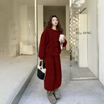 红色巨好看花边毛呢套装裙女冬季2025新款粗花呢外套半身裙两件套