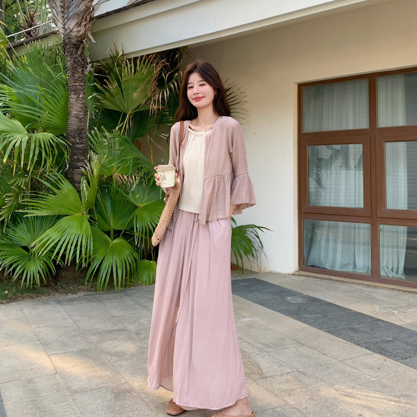 温柔风棉麻粉色外套阔腿裤套装女