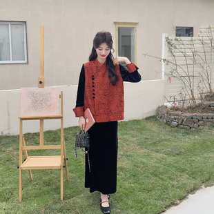 新中式国风黑色拼接丝绒连衣裙套装女春季2026新款气质马甲两件套