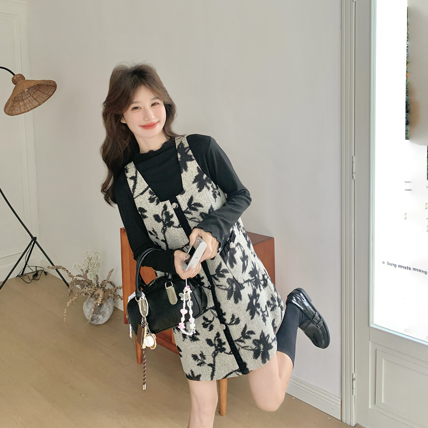 小香风甜美印花背心连衣裙套装女春季2026新款温柔风打底衫两件套