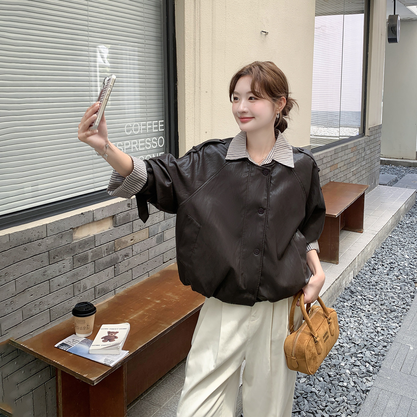 假两件拼接咖色条纹皮衣外套女春季2026新款小个子机车服短款夹克