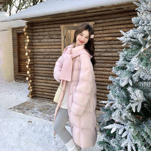 针织连帽粉色泡芙长款羽绒服女冬季2025新款爆款白鸭绒面包服外套