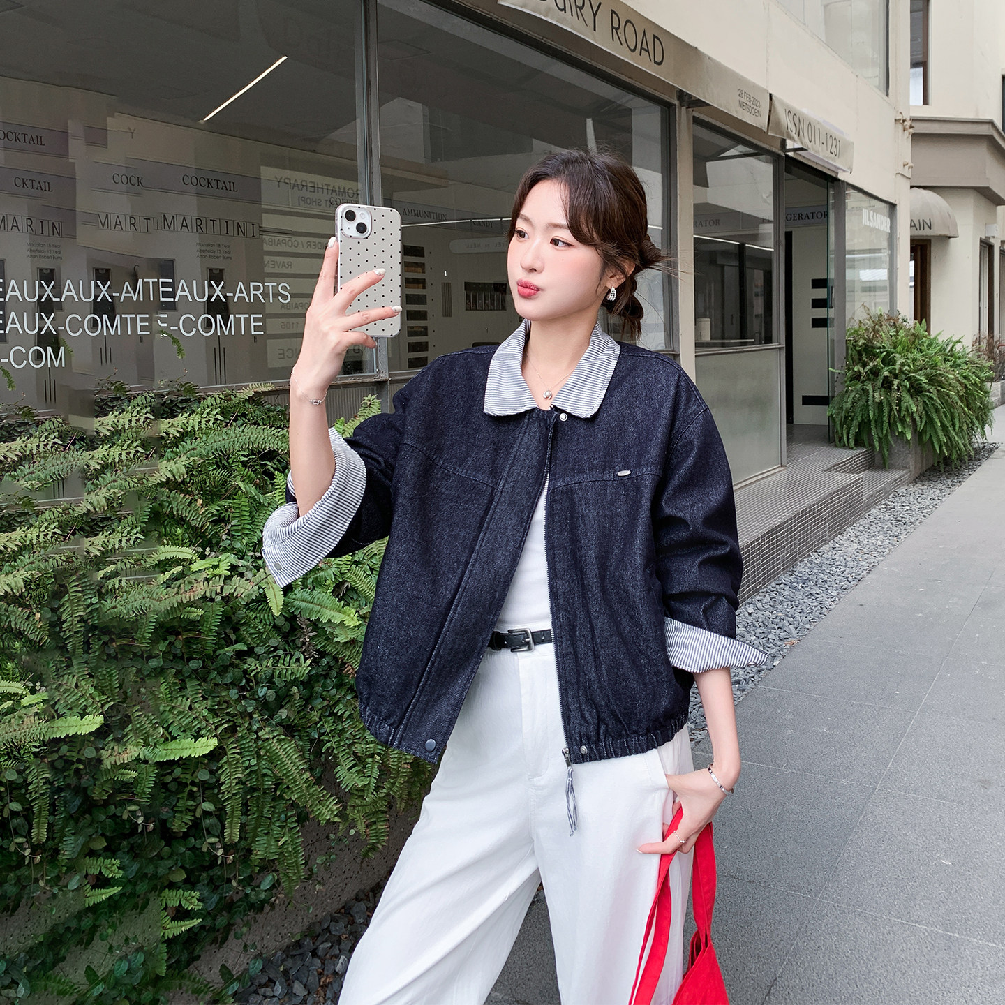 氛围感条纹拼接深蓝色牛仔外套女