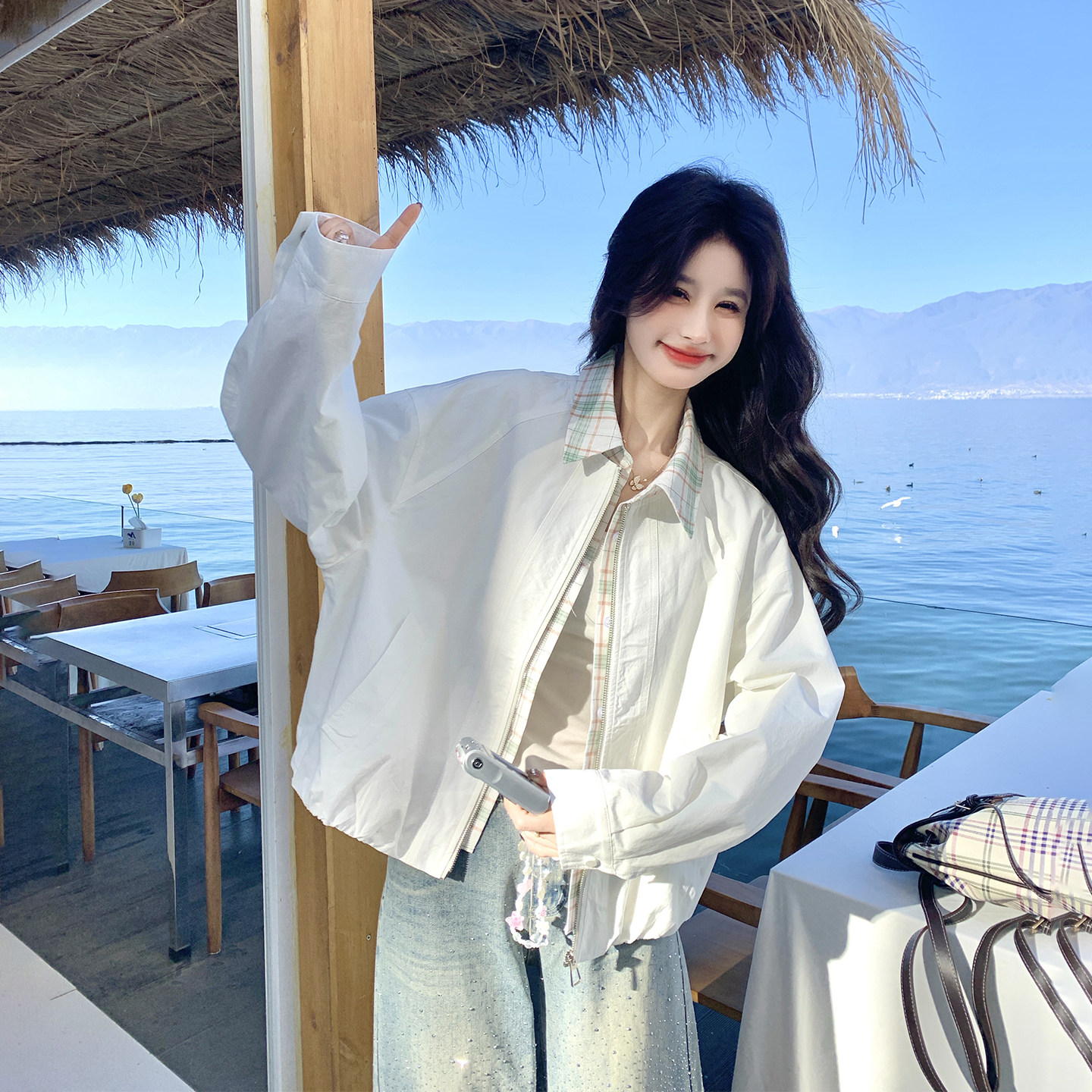 格子拼接假两件白色短外套女春季2026新款工装减龄小个子夹克上衣