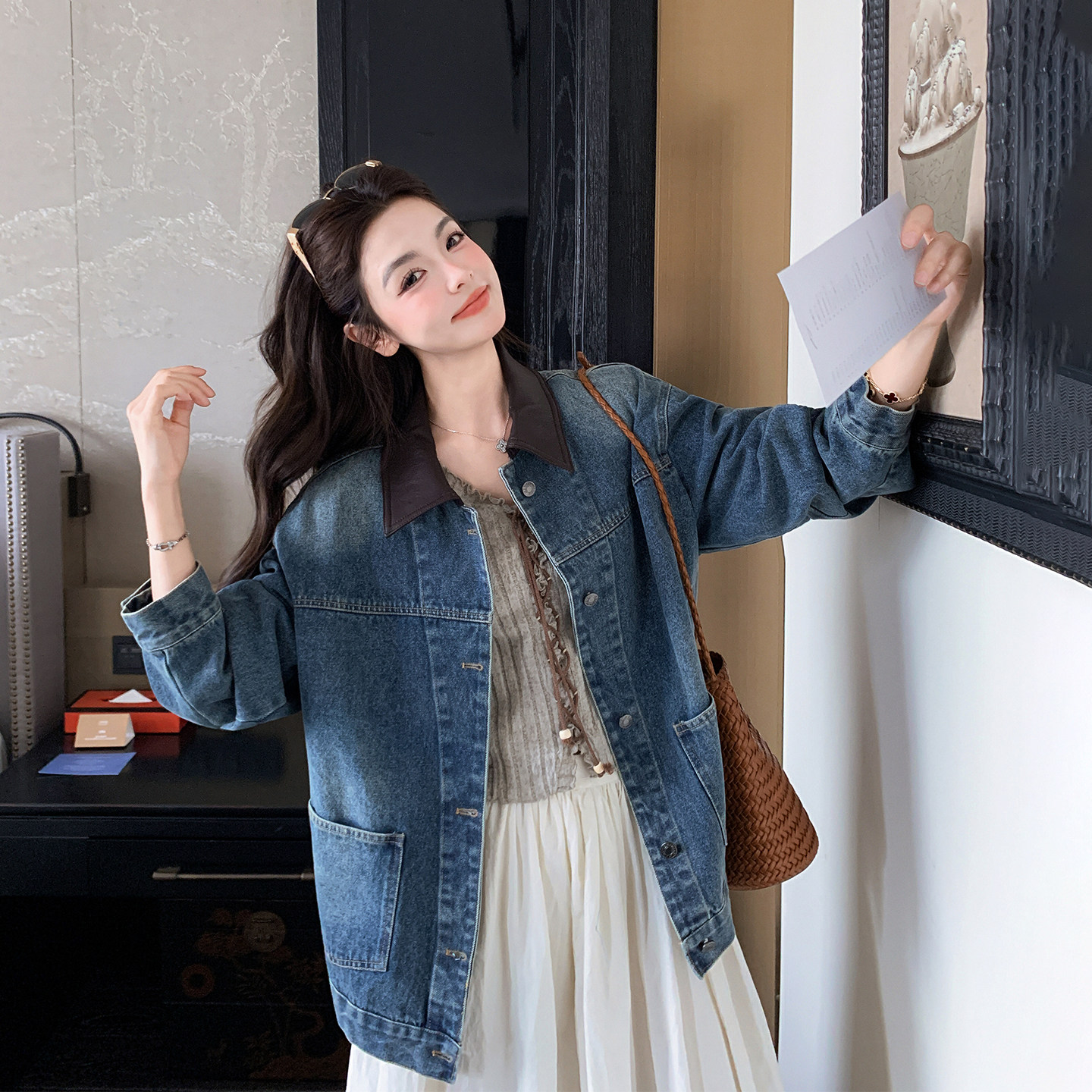 PU皮翻领蓝色牛仔外套女春季2026新款工装减龄休闲爆款小个子夹克