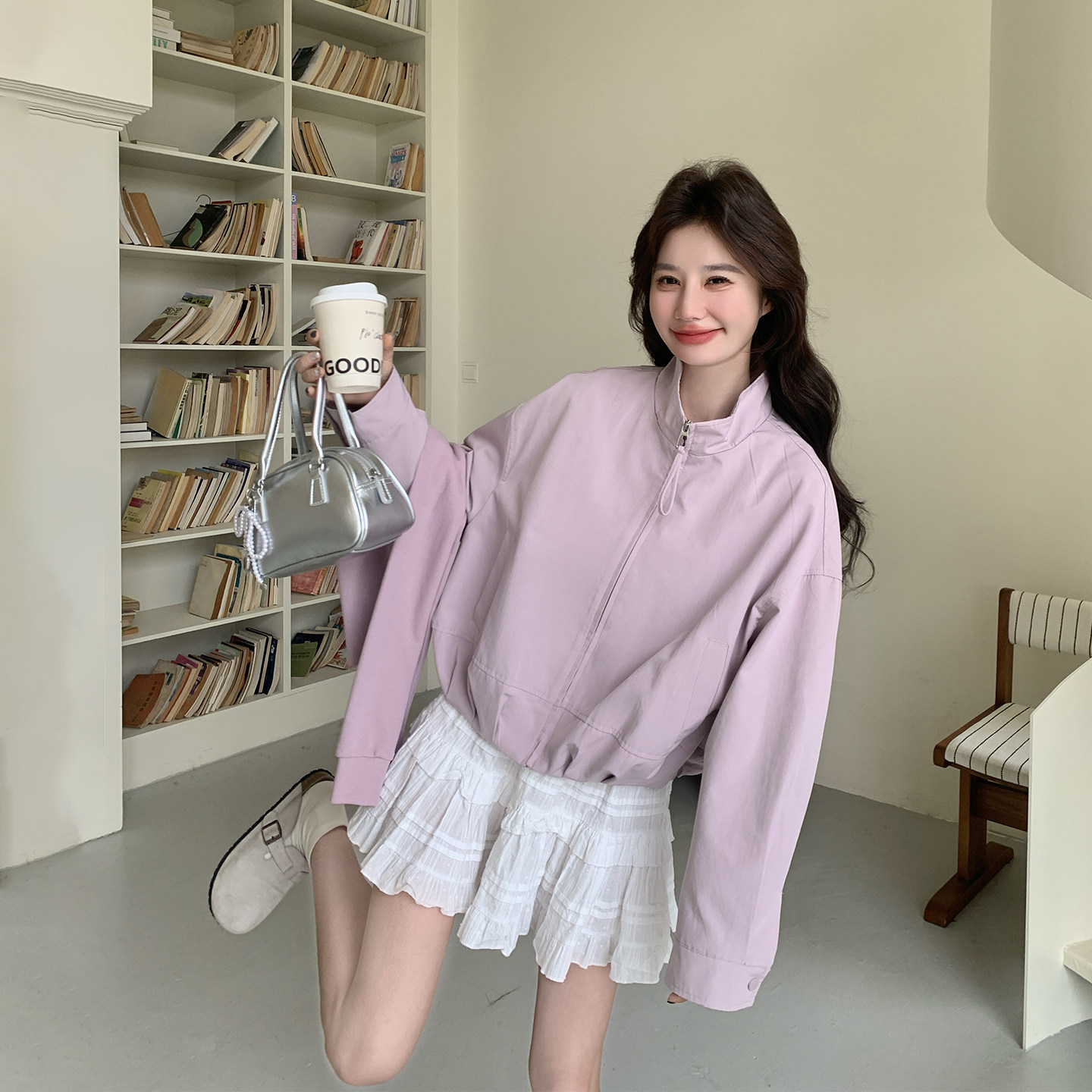 学院风复古超火粉色立领短款外套女春季2026新款小个子超好看夹克