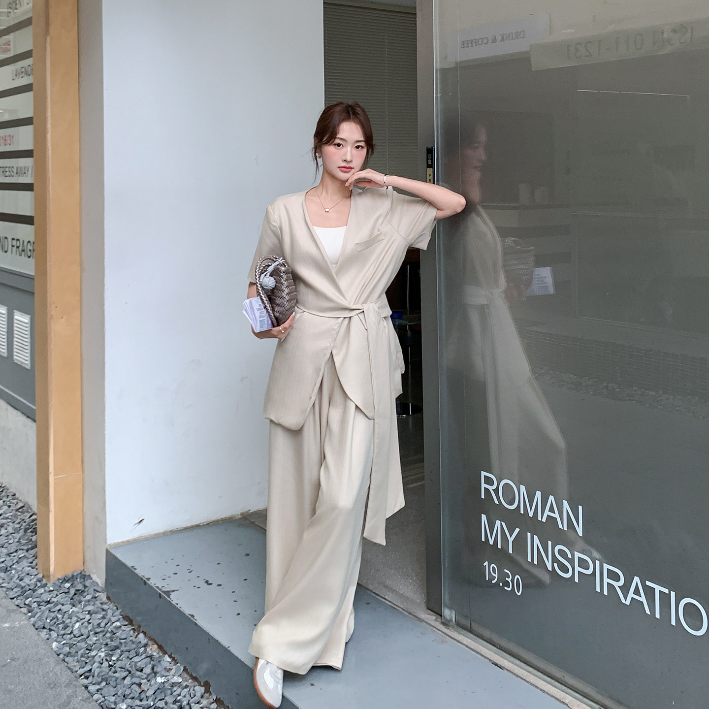 薄款高级感收腰西装阔腿裤套装女夏季2026新款老钱风巨好看两件套