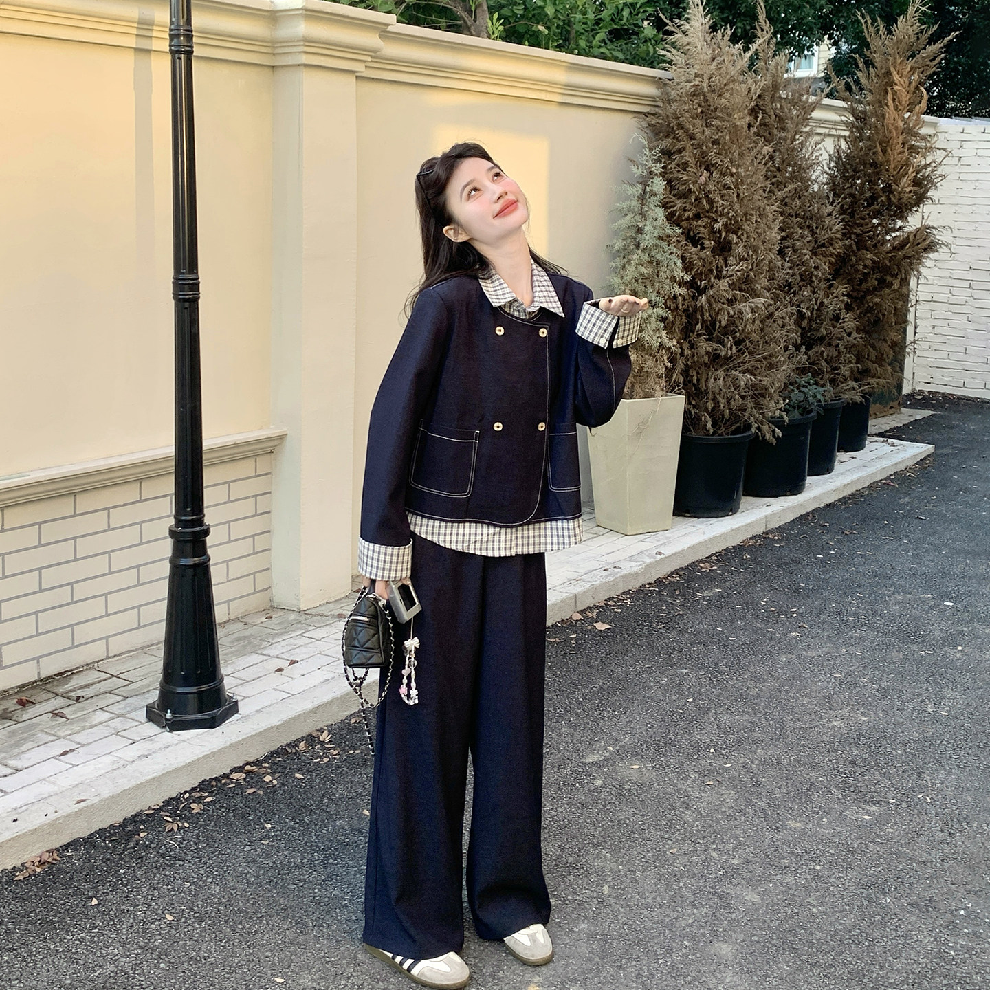 韩系风复古减龄格纹拼接牛仔套装女春季2026新款外套阔腿裤两件套