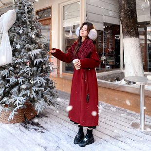 气质红色双面呢羊毛大衣女冬季2025新款长款羊羔毛大翻领呢子外套