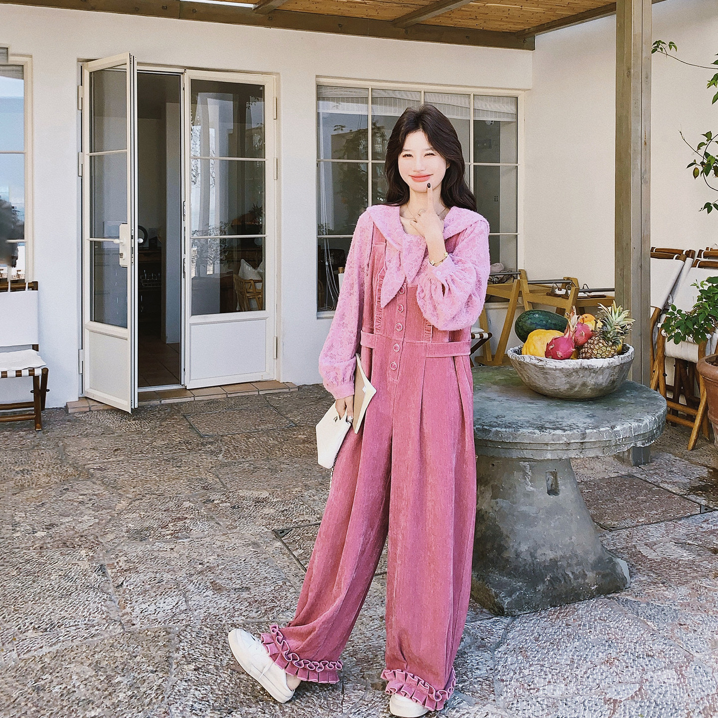 多巴胺甜美漂亮玫粉色套装女春季2026新款连体长裤蕾丝上衣两件套