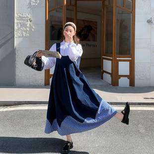 学院风减龄蓝色格子拼接背心连衣裙套装女春季2026新款衬衫两件套