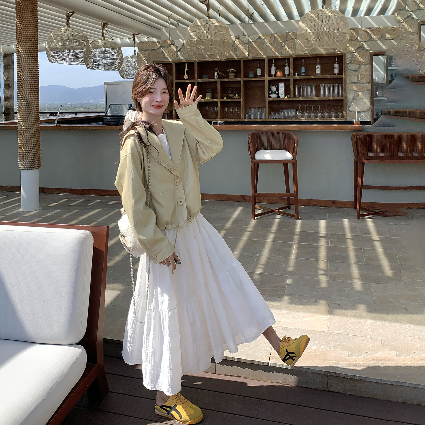 针织大翻领短款黄色皮衣外套女春季2026新款甜酷风小个子复古夹克