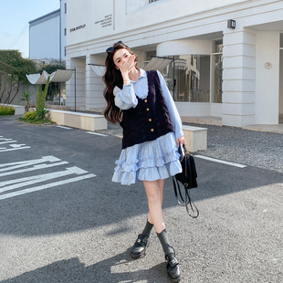 甜美蓝色花边衬衫连衣裙套装女春季2026新款小个子针织马甲两件套