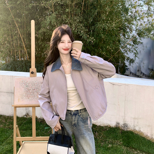 撞色拼接紫色小个子短款皮衣外套女春季2026新款超火减龄复古夹克