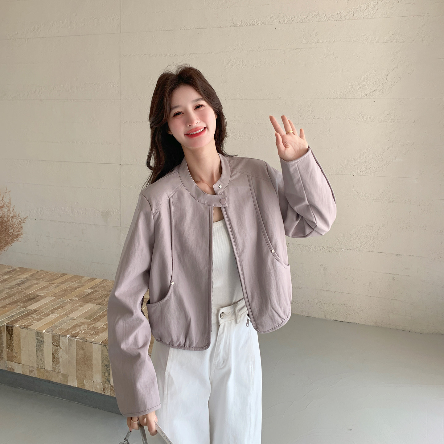 甜酷风紫色甜美短款皮衣外套女春