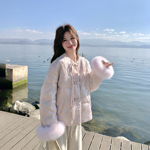 新中式国风粉色毛毛印花羽绒服女冬2025新款甜美洋气小个子短外套