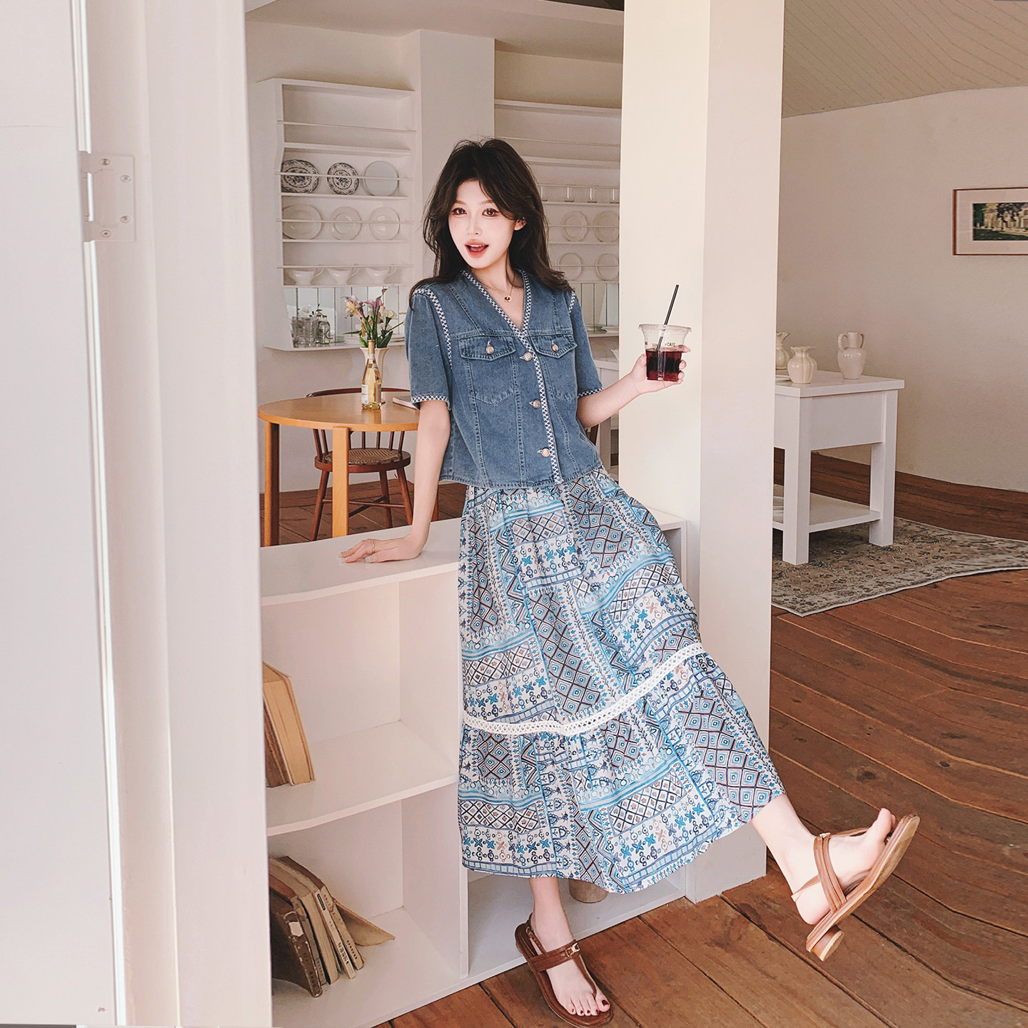 波西米亚碎花吊带连衣裙套装女夏