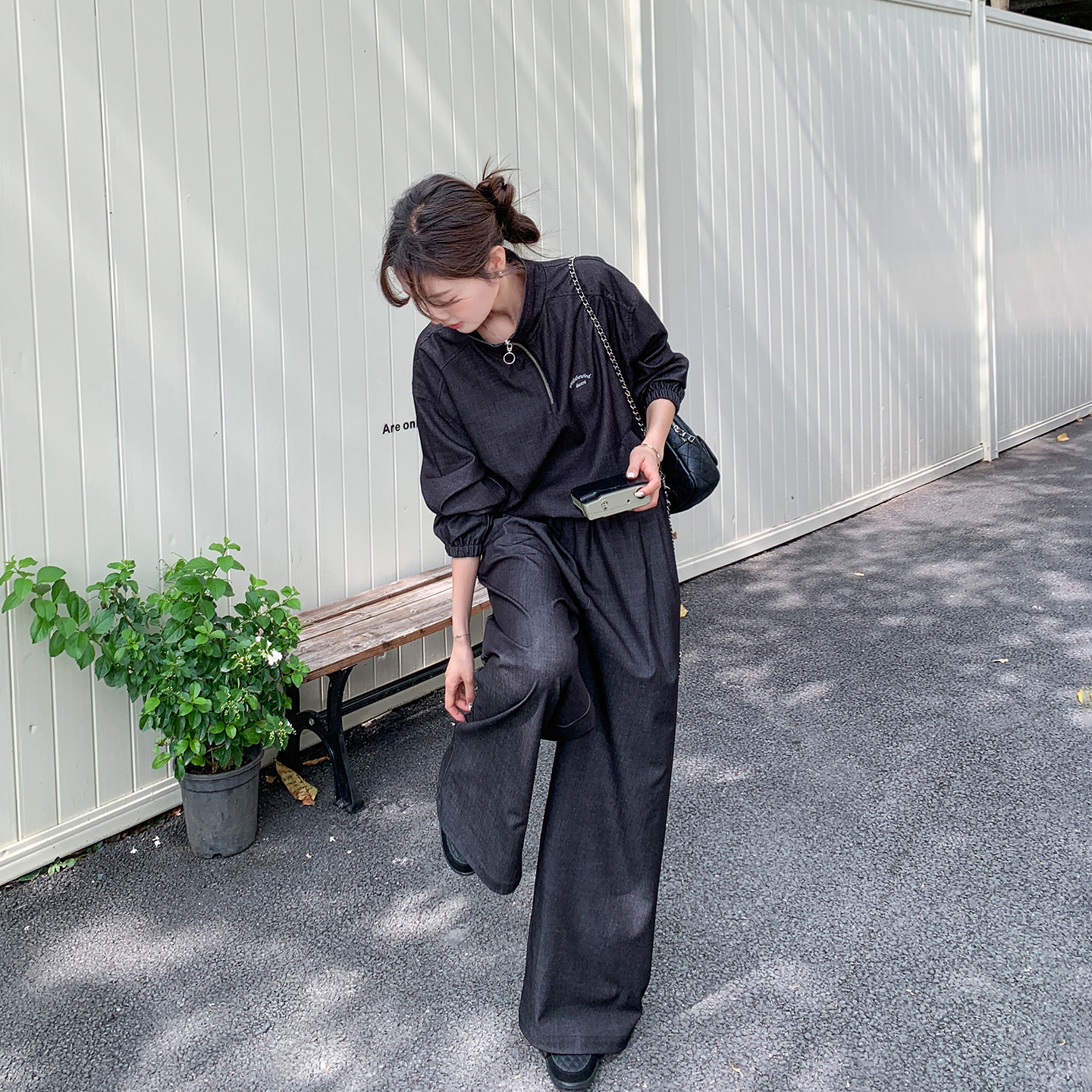 宽松休闲风刺绣翻领上衣阔腿裤套装女春季2026新款ootd穿搭两件套