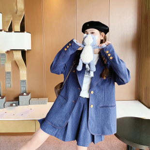 学院风超好看蓝色西装百褶裙套装女春季2026新款小个子超火两件套