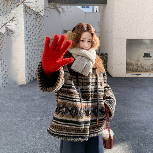 休闲复古花纹连帽羊羔毛外套女冬