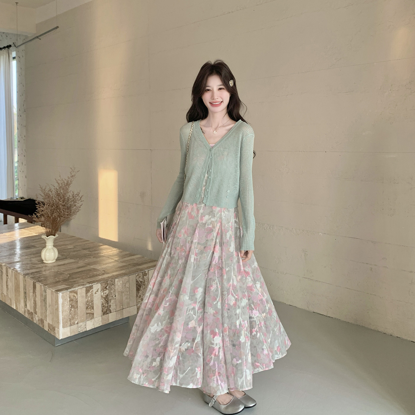小清新法式碎花吊带连衣裙套装女
