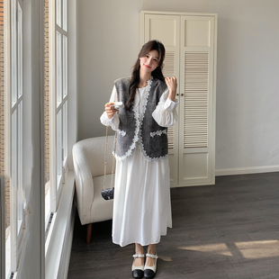 法式小香风白色连衣裙套装女春季2026新款独特漂亮蕾丝马甲两件套