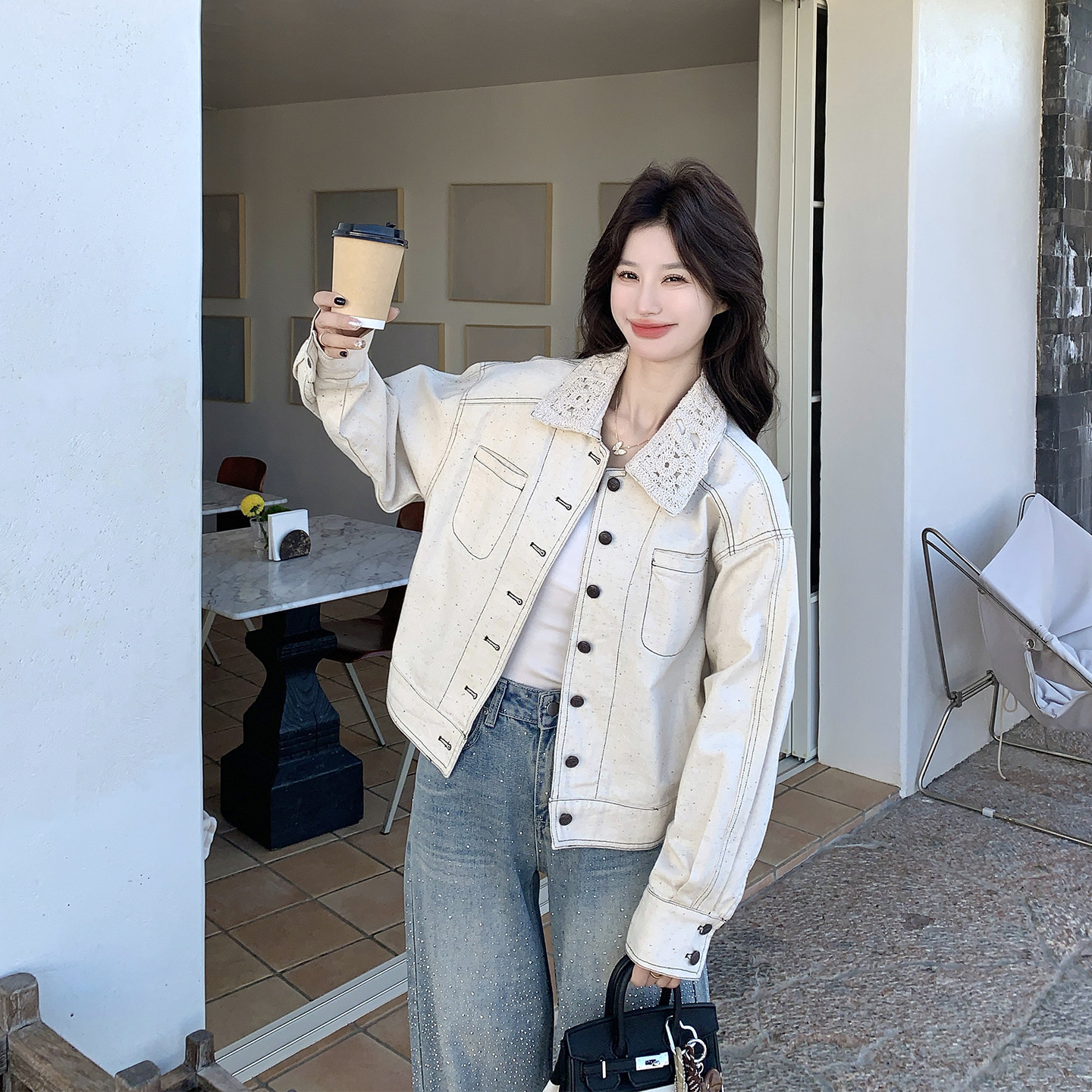 蕾丝翻领彩点超火牛仔短外套女春季2026新款小个子爆款高级感夹克