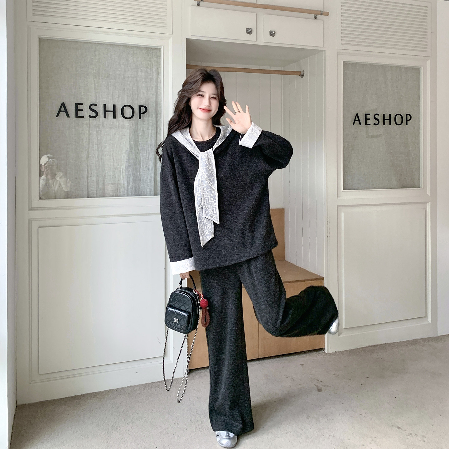 少女风深灰色蕾丝连帽卫衣套装女春季2026新款运动风休闲裤两件套