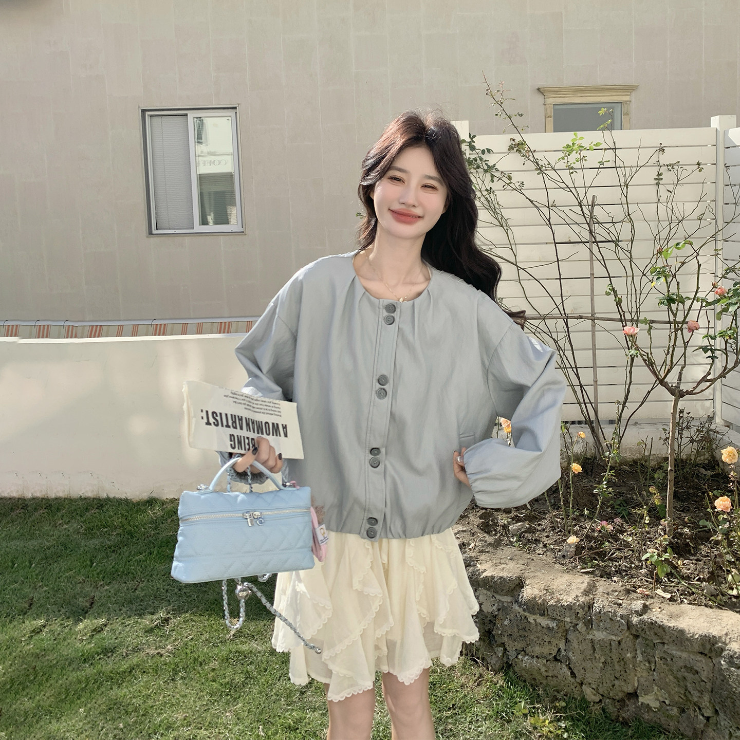 流行爆款蓝色圆领短款皮衣外套女春季2026新款小个子高级感PU夹克