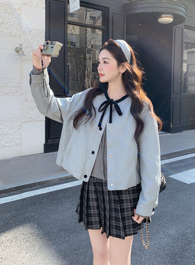 巨好看撞色蝴蝶结蓝色短款皮衣外套女春季2026新款小个子甜美夹克