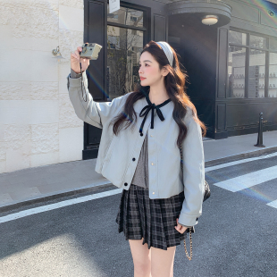 巨好看撞色蝴蝶结蓝色短款皮衣外套女春季2026新款小个子甜美夹克