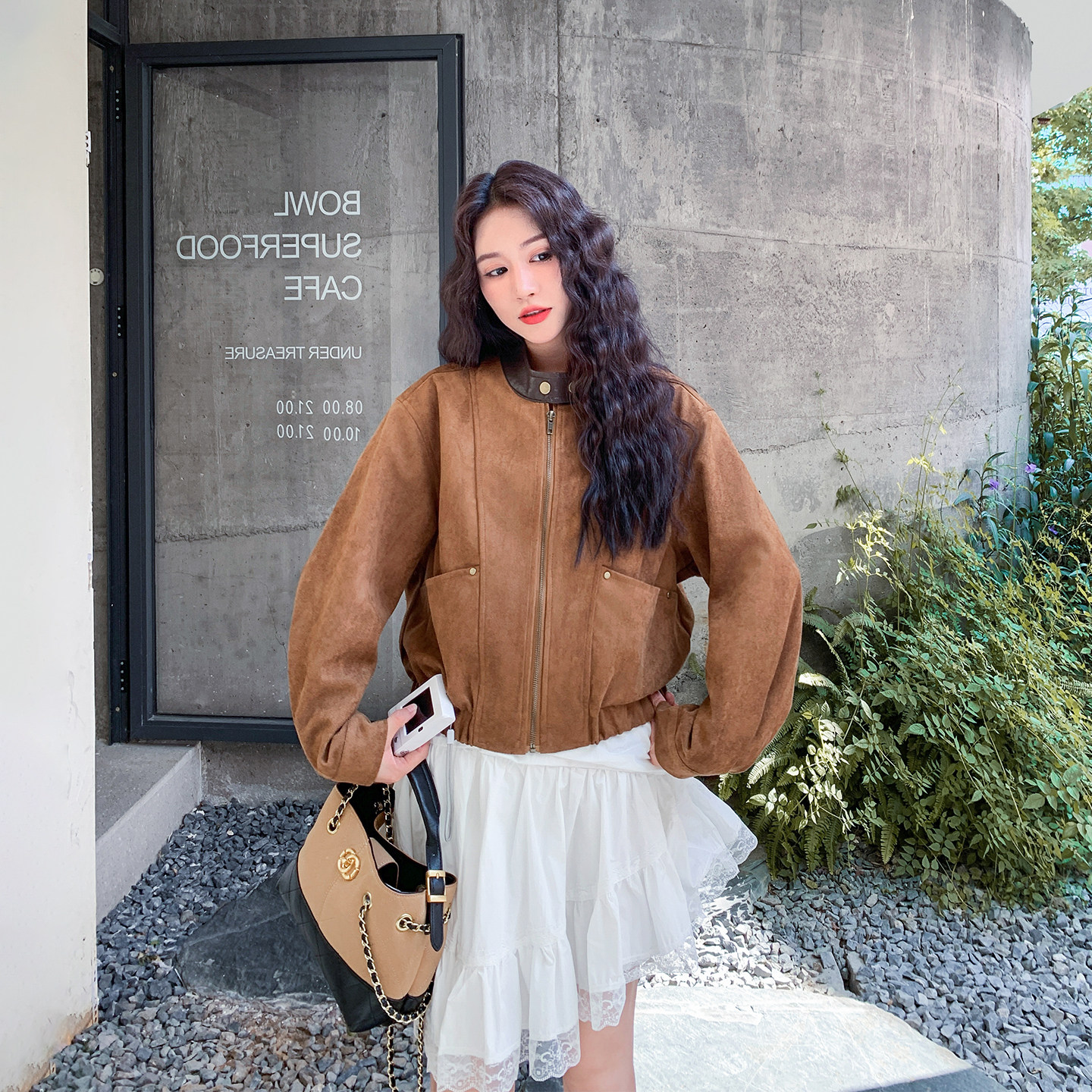 PU皮立领咖色复古麂皮绒外套女春季2026新款短款小个子设计感夹克,女装/女士精品,短外套,淘宝优惠券,粉丝福利购,淘宝优惠卷