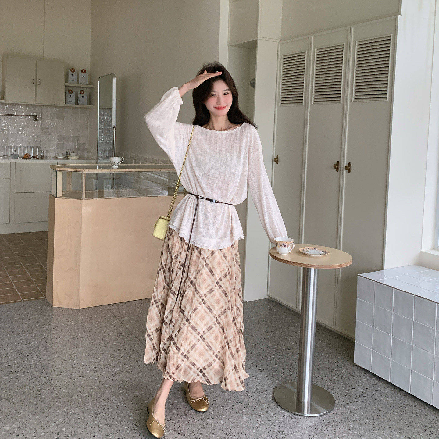 温柔风长袖上衣格纹半身裙套装女春季2026新款今年流行爆款两件套