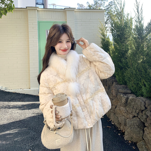 新中式国风真毛领蕾丝拼接羽绒服女冬季2025新款小个子巨好看外套