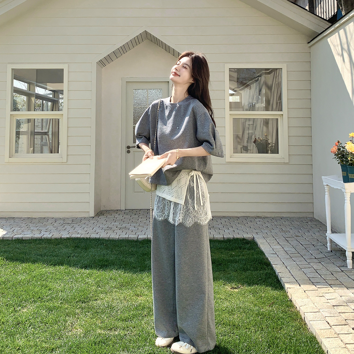 休闲运动灰色短袖卫衣阔腿裤套装女夏季2026新款爆款巨好看两件套