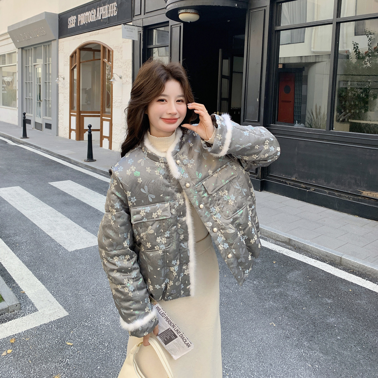 新中式国风灰色碎花90绒羽绒服女