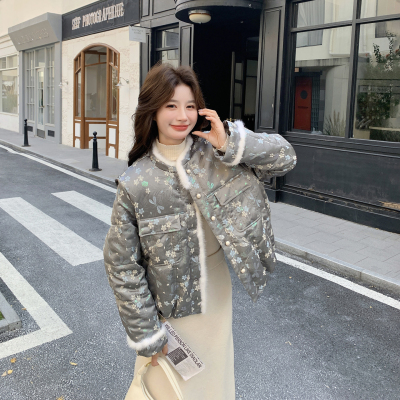 新中式国风灰色碎花90绒羽绒服女