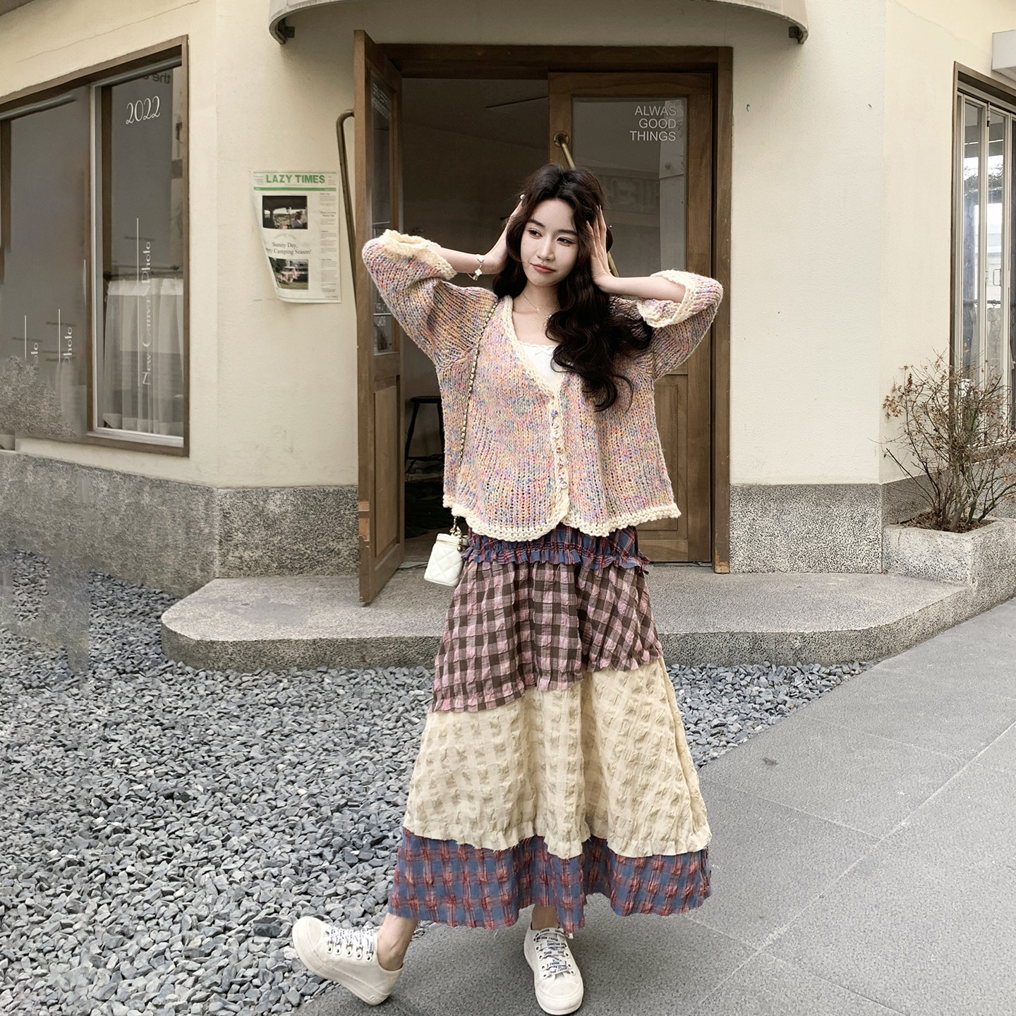 独特漂亮甜美度假风针织上衣套装女春季2026新款格纹半身裙两件套