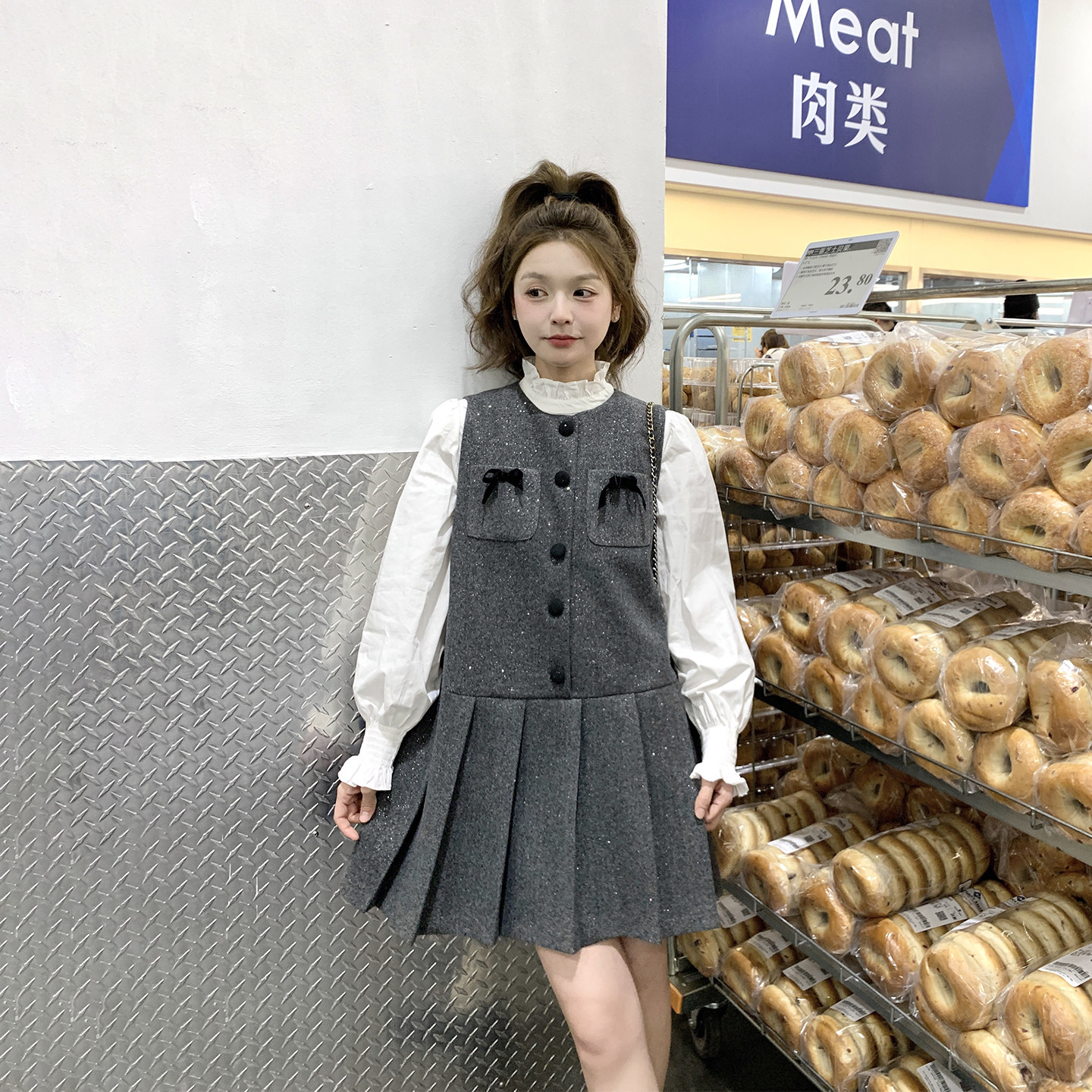 蝴蝶结撞色小香风亮片背心连衣裙套装女春季2026新款小个子两件套