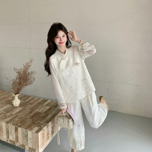 新中式风米白色提花马甲衬衫九分裤套装女春季2026新款漂亮两件套