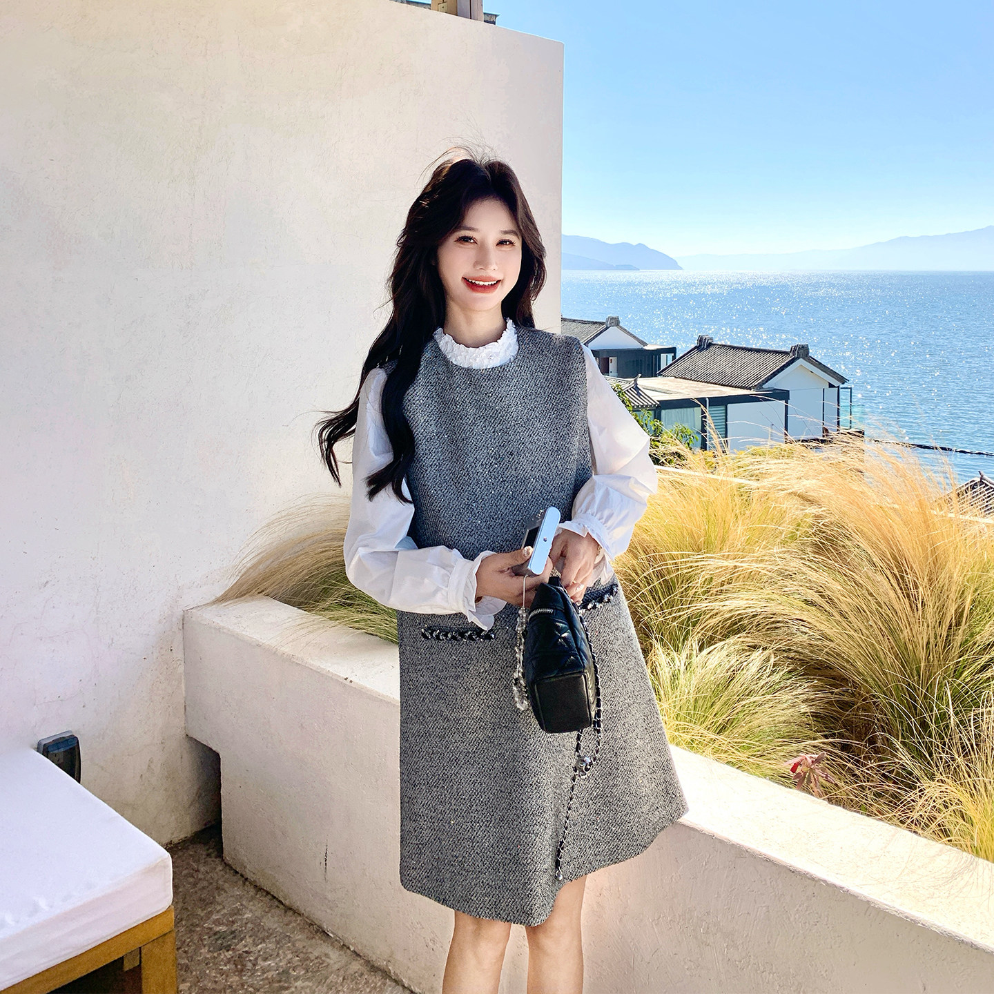 小香风独特漂亮灰色背心连衣裙套装女春季2026新款减龄衬衫两件套