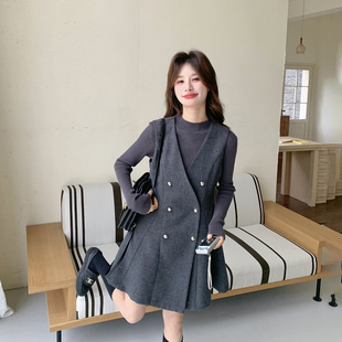 轻熟风时尚灰色毛呢背心连衣裙套装女春季2026新款小个子针织打底