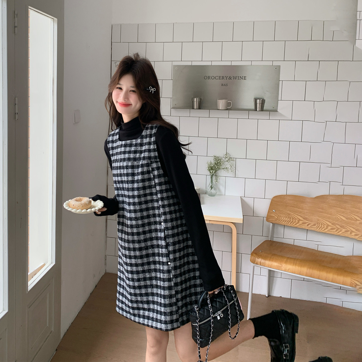 圆领复古背心连衣裙套装女春季2026新款学院风小个子打底衫两件套