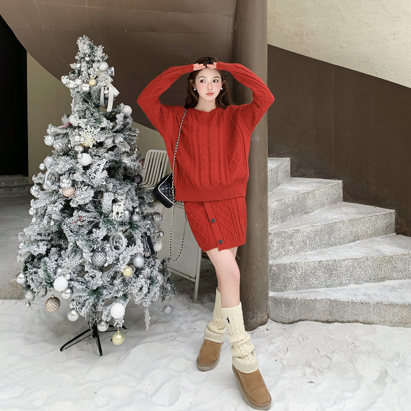 红色系穿搭甜美麻花针织毛衣套装女春季2026新款小个子短裙两件套