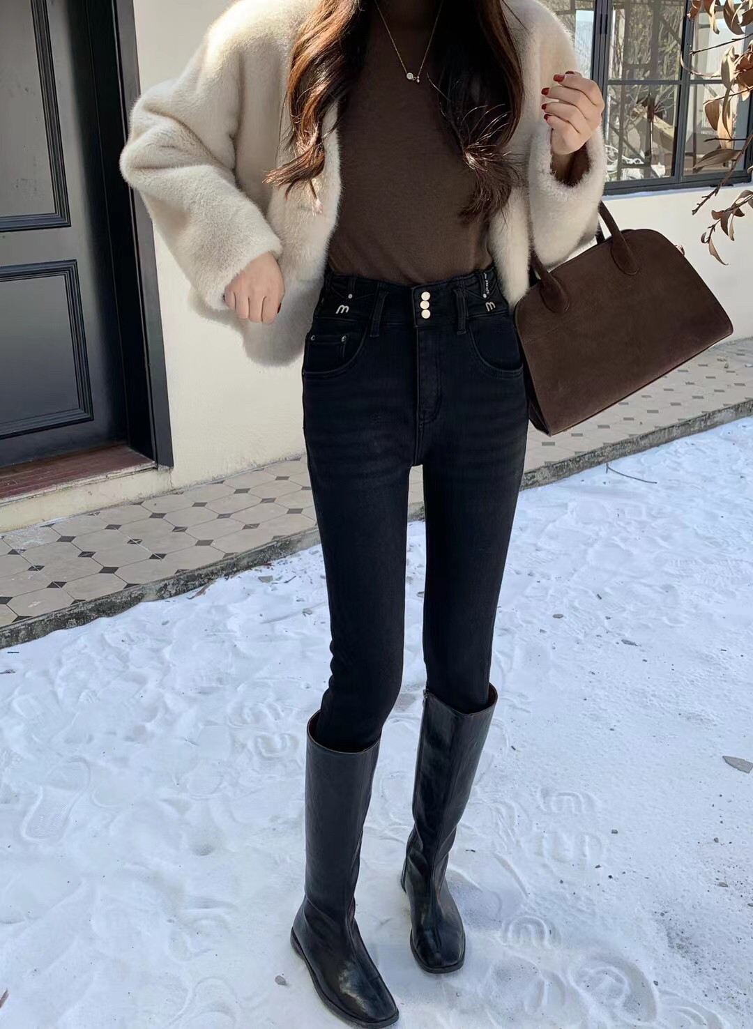 加绒 2024 Mini jeans 17665黑灰色小脚裤牛仔裤女 3个扣铅笔靴裤
