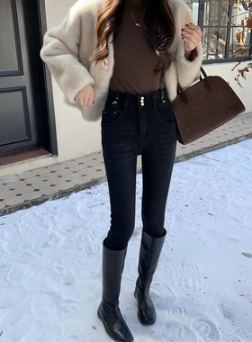 加绒 2024 Mini jeans 17665黑灰色小脚裤牛仔裤女 3个扣铅笔靴裤