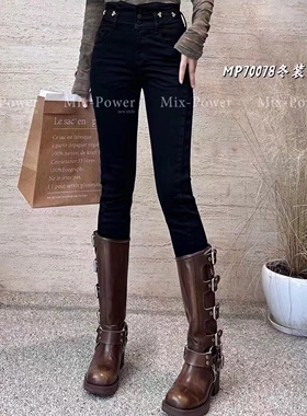 加绒 超然 Mix-power 70078牛仔裤女 新款小脚裤高腰3粒扣黑色
