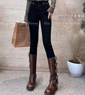 加绒 超然 Mix-power 70078牛仔裤女 新款小脚裤高腰3粒扣黑色